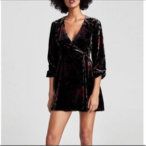 Zara Black Velvet Wrap Mini Dress with Burgundy Accents